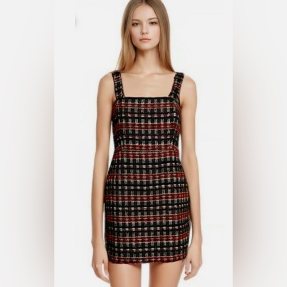 New HOUSE OF HARLOW 1960 Tweed Plaid Mini Dress Strapless Red Black Gold Medium